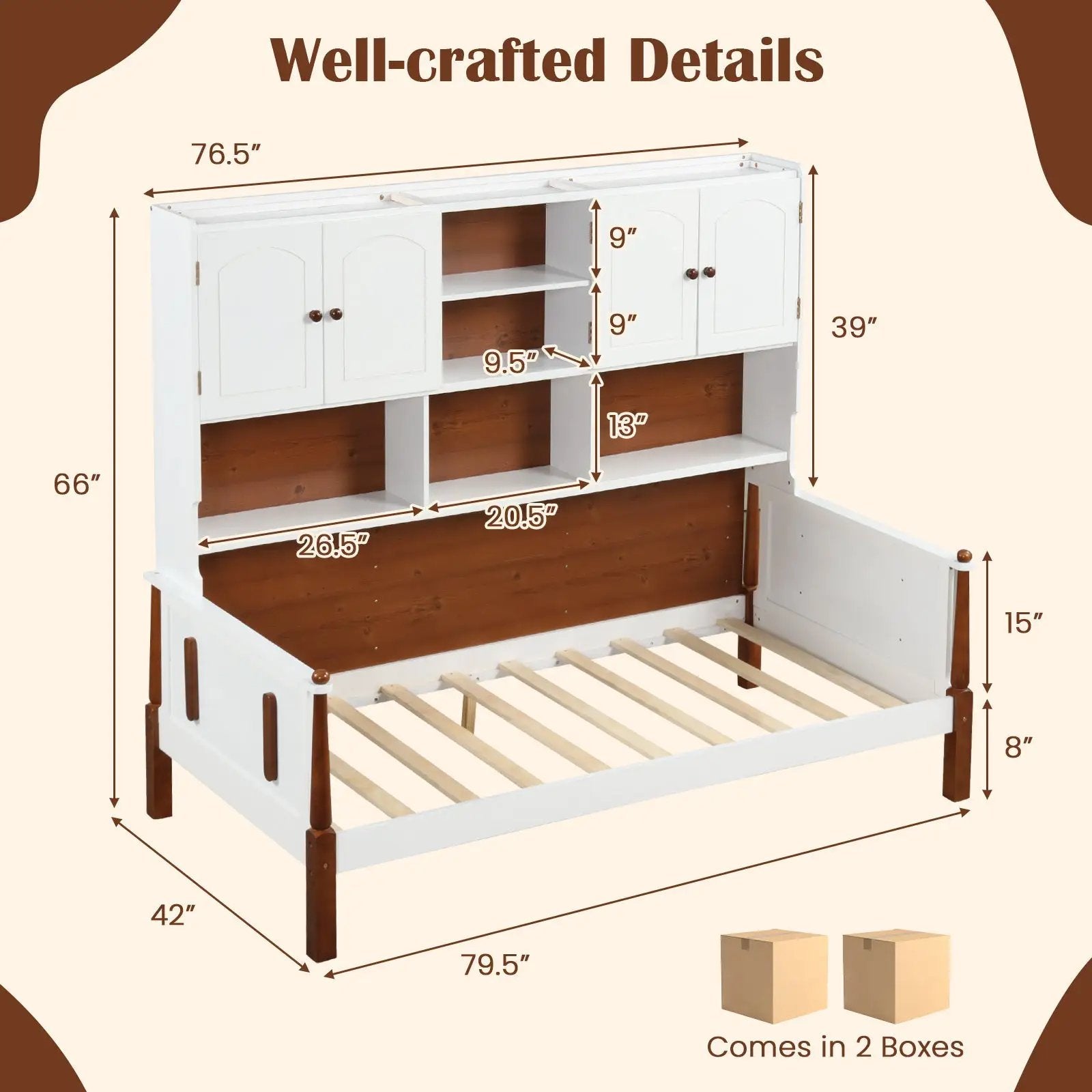 Twin Bed with Bookcase with Shelves and Wooden Slat Support No Box Spring Needed for Living Room Bedroom-White by DirectDeals