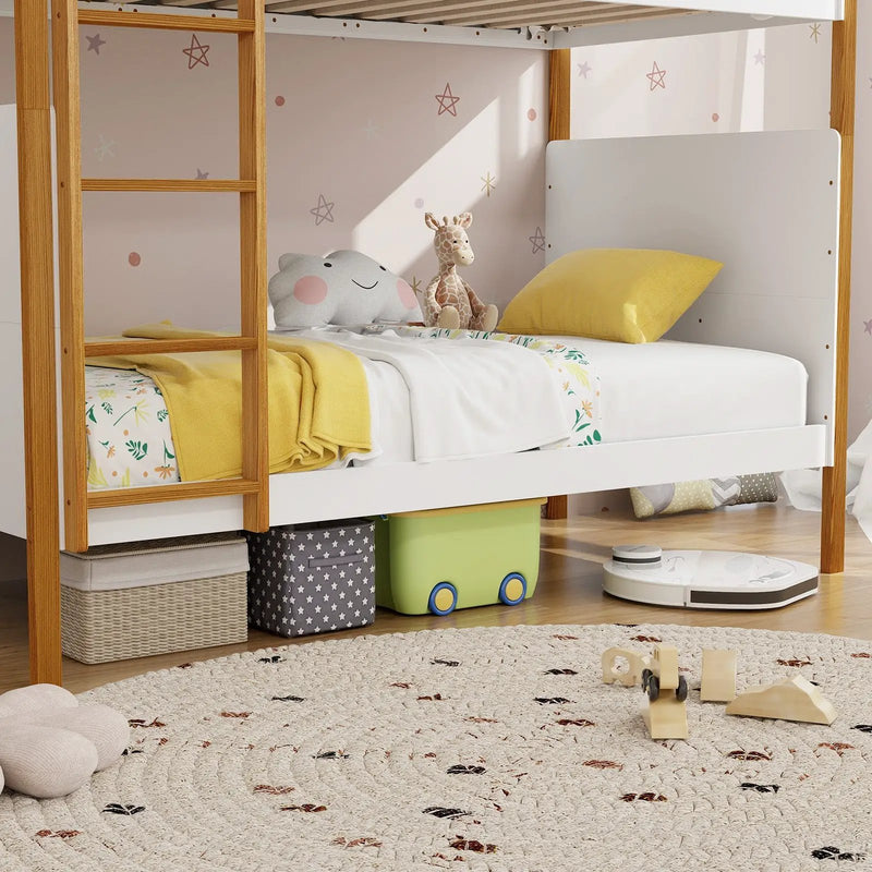 Twin Over Twin Bunk Bed with Integrated Ladder and Safety Guardrails-Twin Size by DirectDeals
