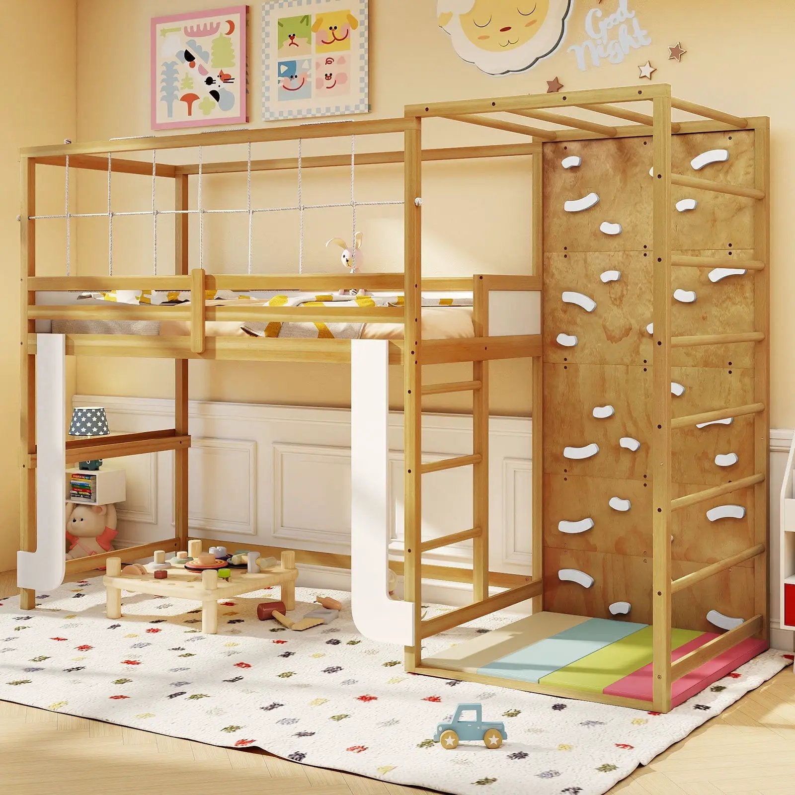 Twin Bunk Bed with Jungle Gym Wooden Loft Bed with Climbing Ladder-Natural by DirectDeals