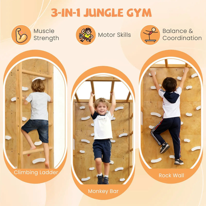 Twin Bunk Bed with Jungle Gym Wooden Loft Bed with Climbing Ladder-Natural by DirectDeals