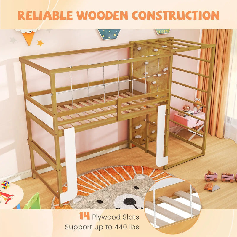Twin Bunk Bed with Jungle Gym Wooden Loft Bed with Climbing Ladder-Natural by DirectDeals