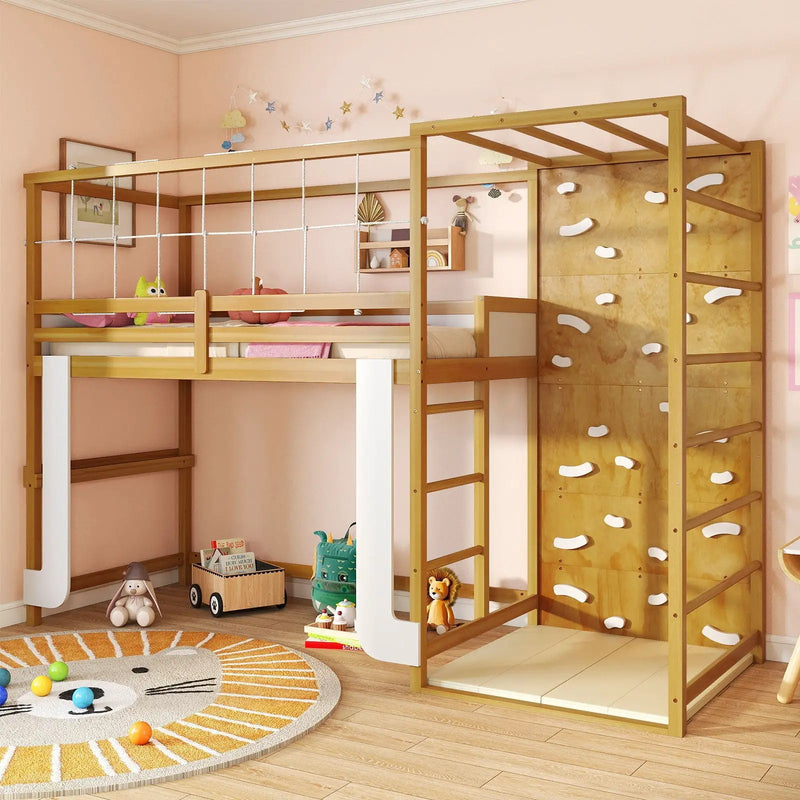Twin Bunk Bed with Jungle Gym Wooden Loft Bed with Climbing Ladder-Natural by DirectDeals