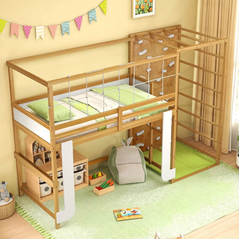 Twin Bunk Bed with Jungle Gym Wooden Loft Bed with Climbing Ladder-Natural by DirectDeals