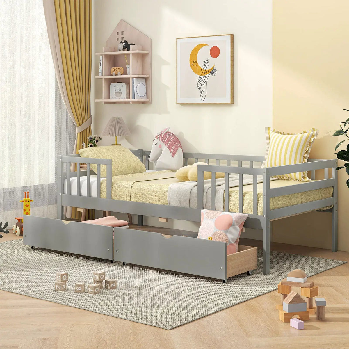Twin Daybed with Fence and 2 Drawers Kids Bed for Boys & Girls, photo 2 of 9