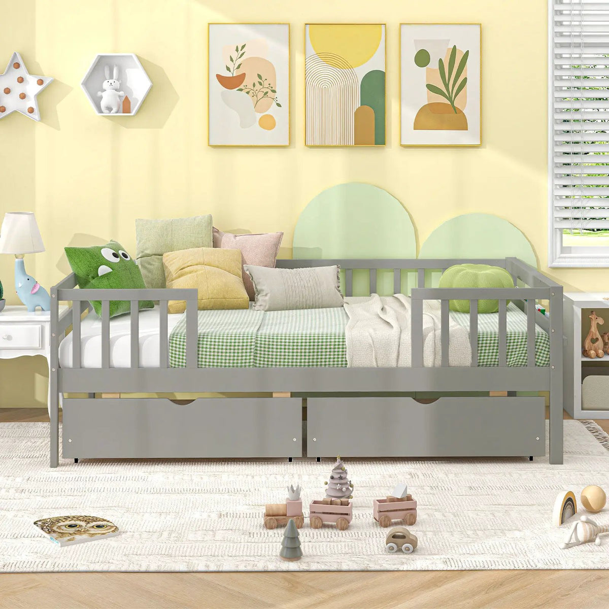 Twin Daybed with Fence and 2 Drawers Kids Bed for Boys & Girls, photo 5 of 9
