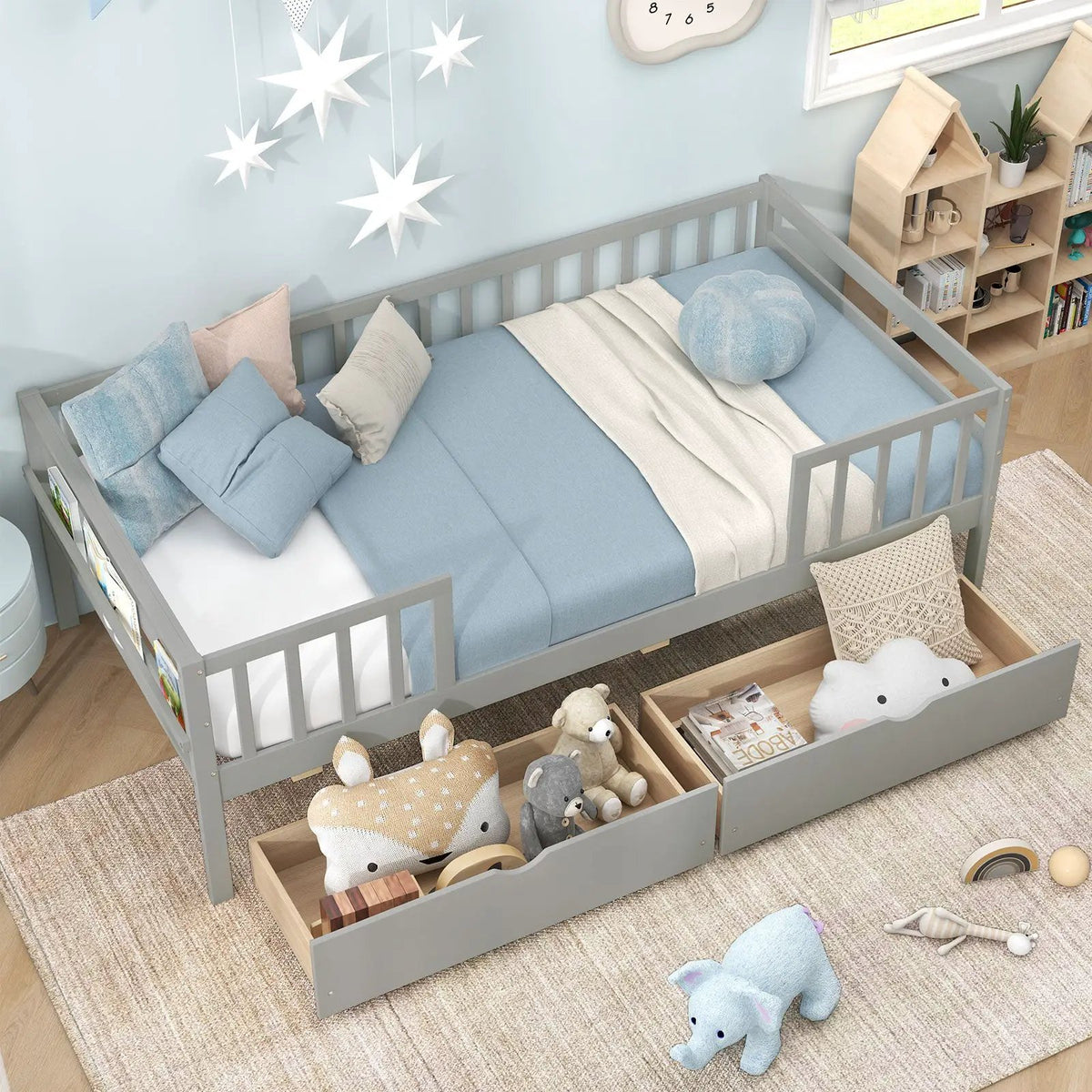 Twin Daybed with Fence and 2 Drawers Kids Bed for Boys & Girls, photo 6 of 9