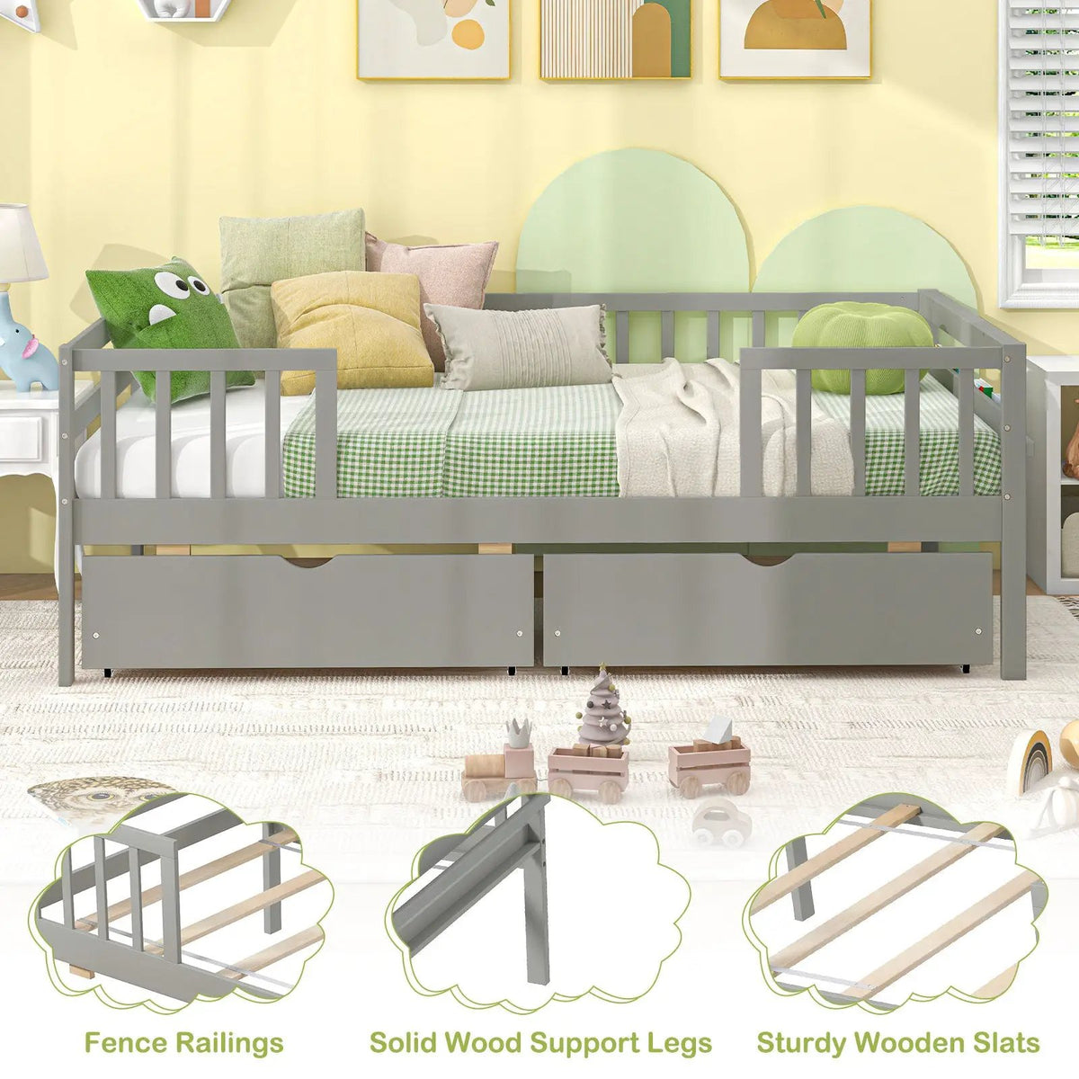 Twin Daybed with Fence and 2 Drawers Kids Bed for Boys & Girls, photo 7 of 9