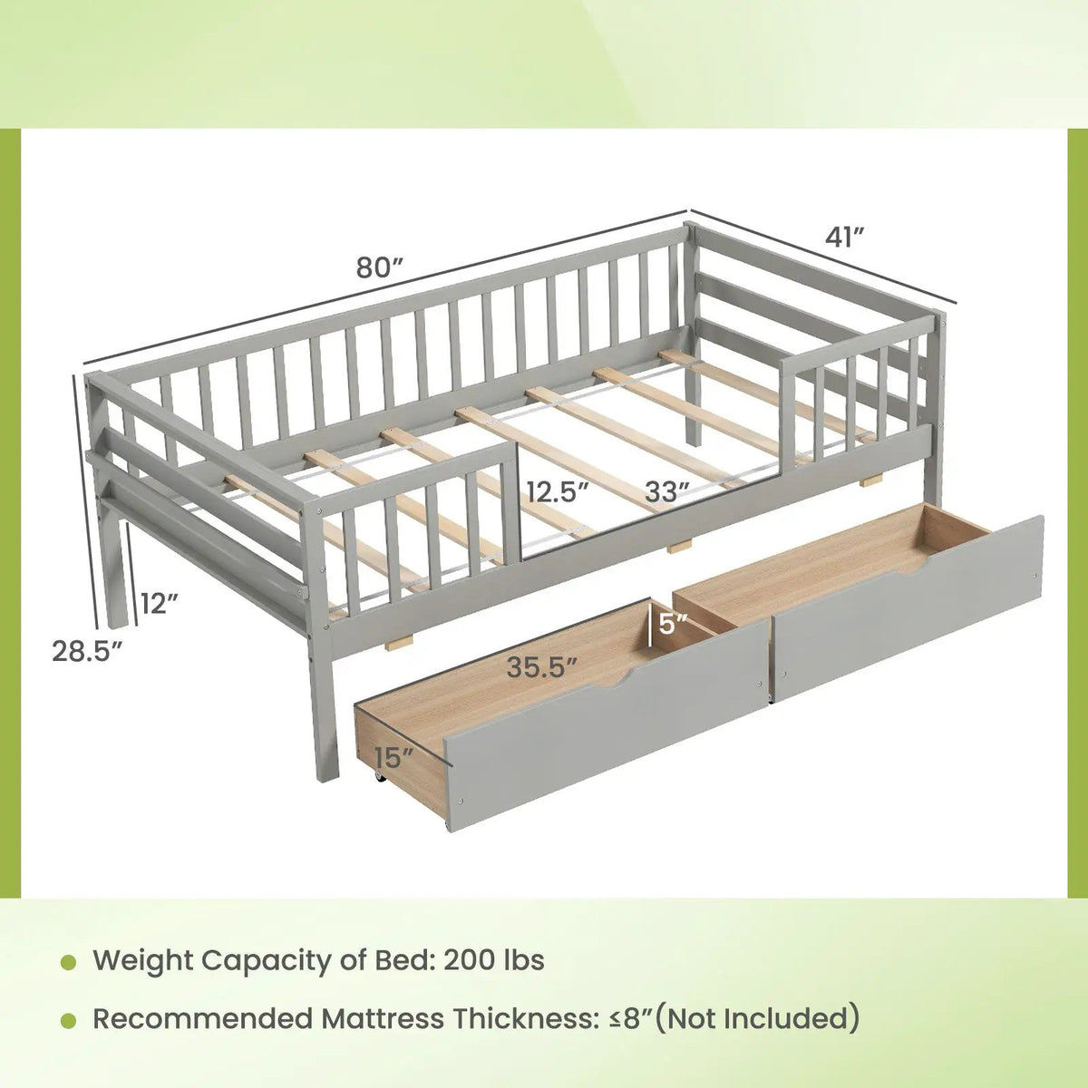 Twin Daybed with Fence and 2 Drawers Kids Bed for Boys & Girls, photo 4 of 9
