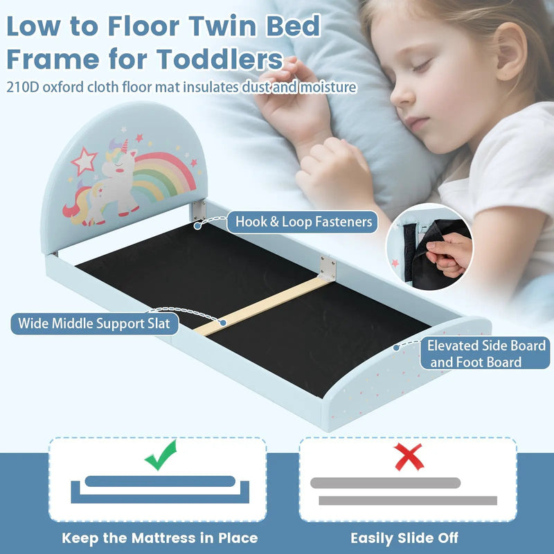 Twin Floor Bed Frame Upholstered Twin Size Kids Floor Bed with 210D Oxford Cloth Floor Mat by DirectDeals
