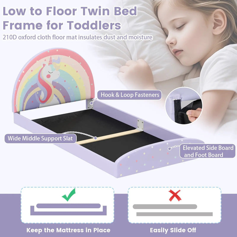 Twin Floor Bed Frame Upholstered Twin Size Kids Floor Bed with 210D Oxford Cloth Floor Mat by DirectDeals