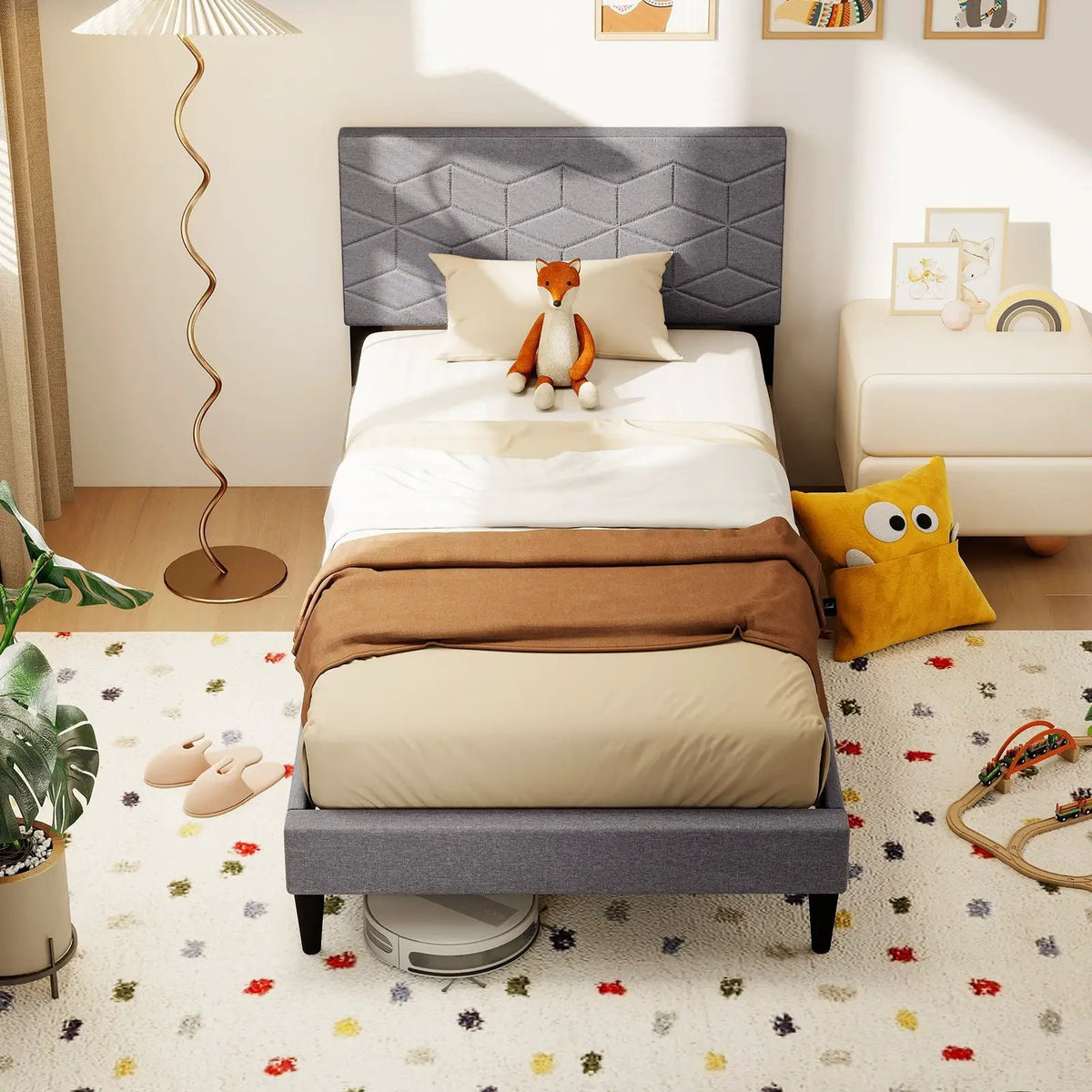 Twin/Full/Queen Size Bed Frame Modern Platform Bed with Linen Fabric Upholstered Headboard, photo 15 of 24
