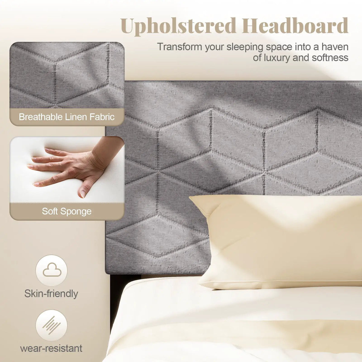Twin/Full/Queen Size Bed Frame Modern Platform Bed with Linen Fabric Upholstered Headboard, photo 24 of 24
