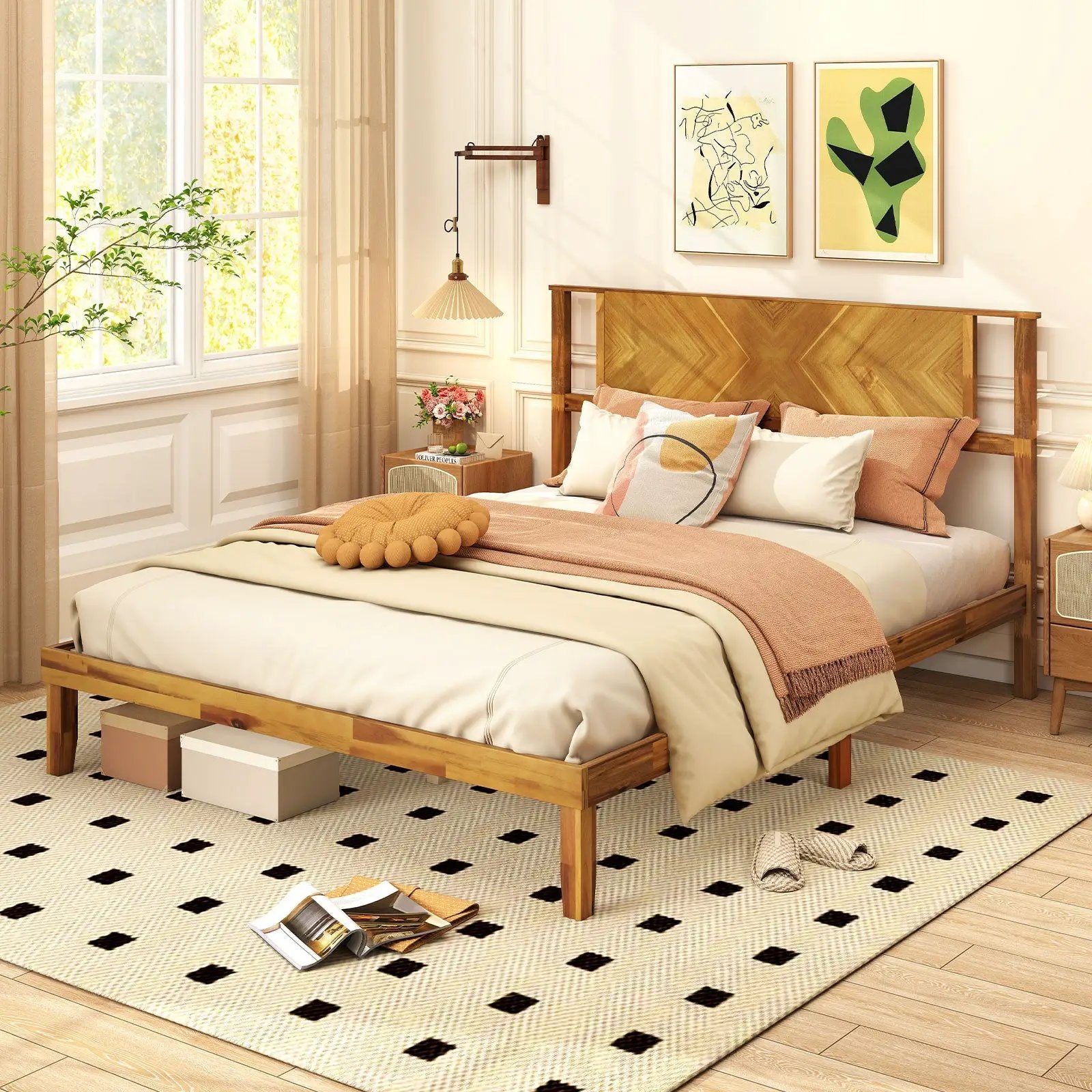 Twin/Full/Queen Size Bed Frame Mid-Century Acacia Wood Platform Bed with Headboard by DirectDeals