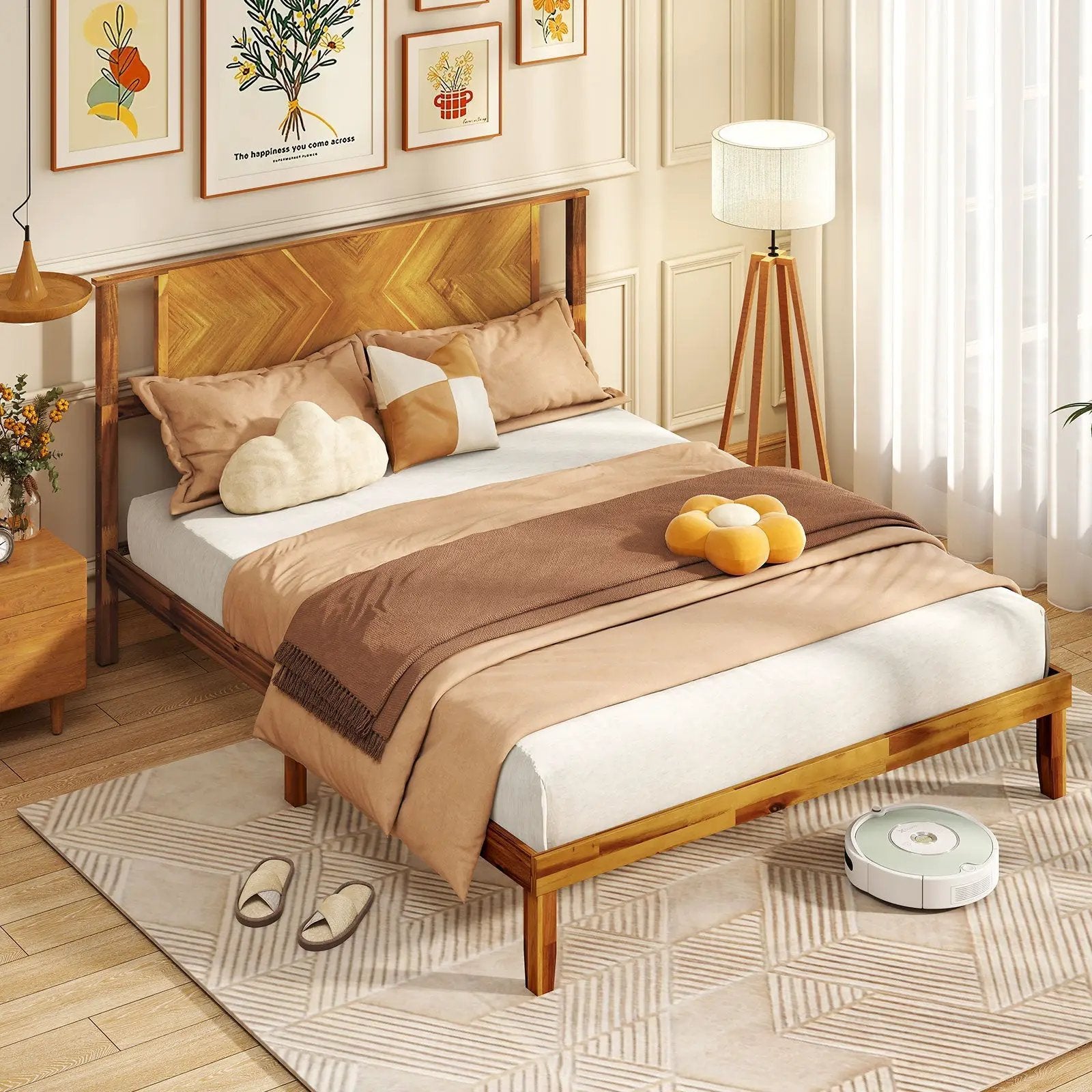Twin/Full/Queen Size Bed Frame Mid-Century Acacia Wood Platform Bed with Headboard by DirectDeals