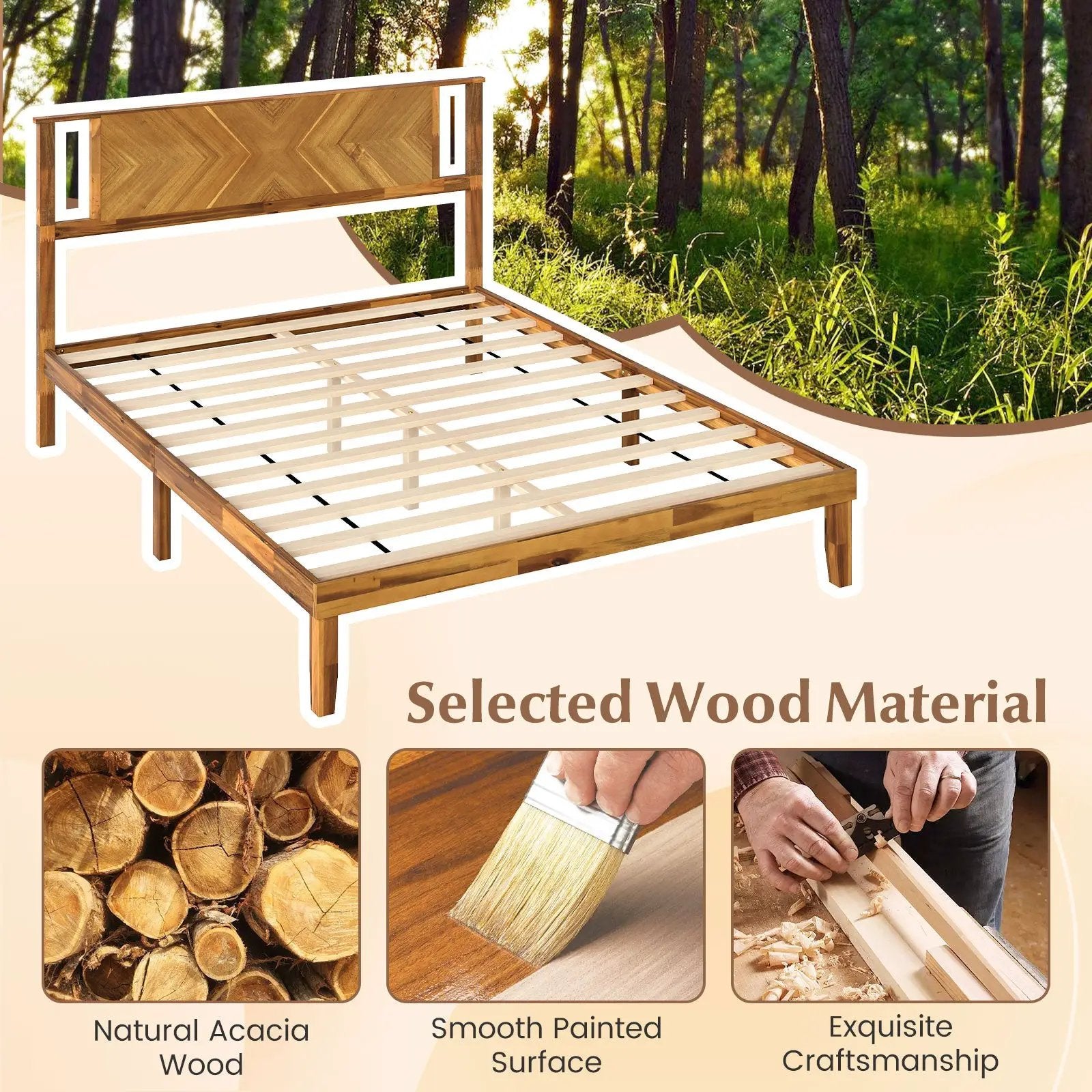 Twin/Full/Queen Size Bed Frame Mid-Century Acacia Wood Platform Bed with Headboard by DirectDeals
