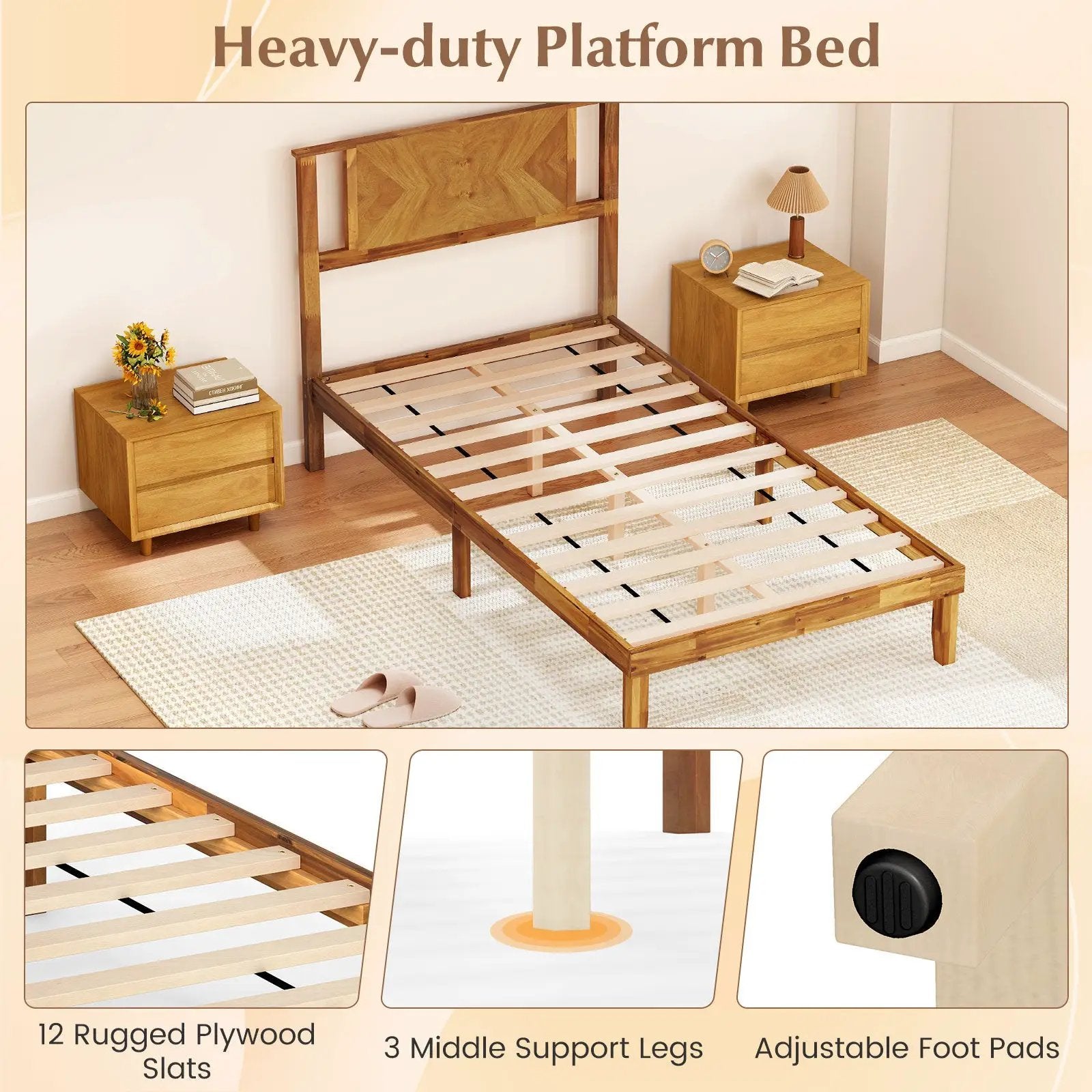 Twin/Full/Queen Size Bed Frame Mid-Century Acacia Wood Platform Bed with Headboard by DirectDeals