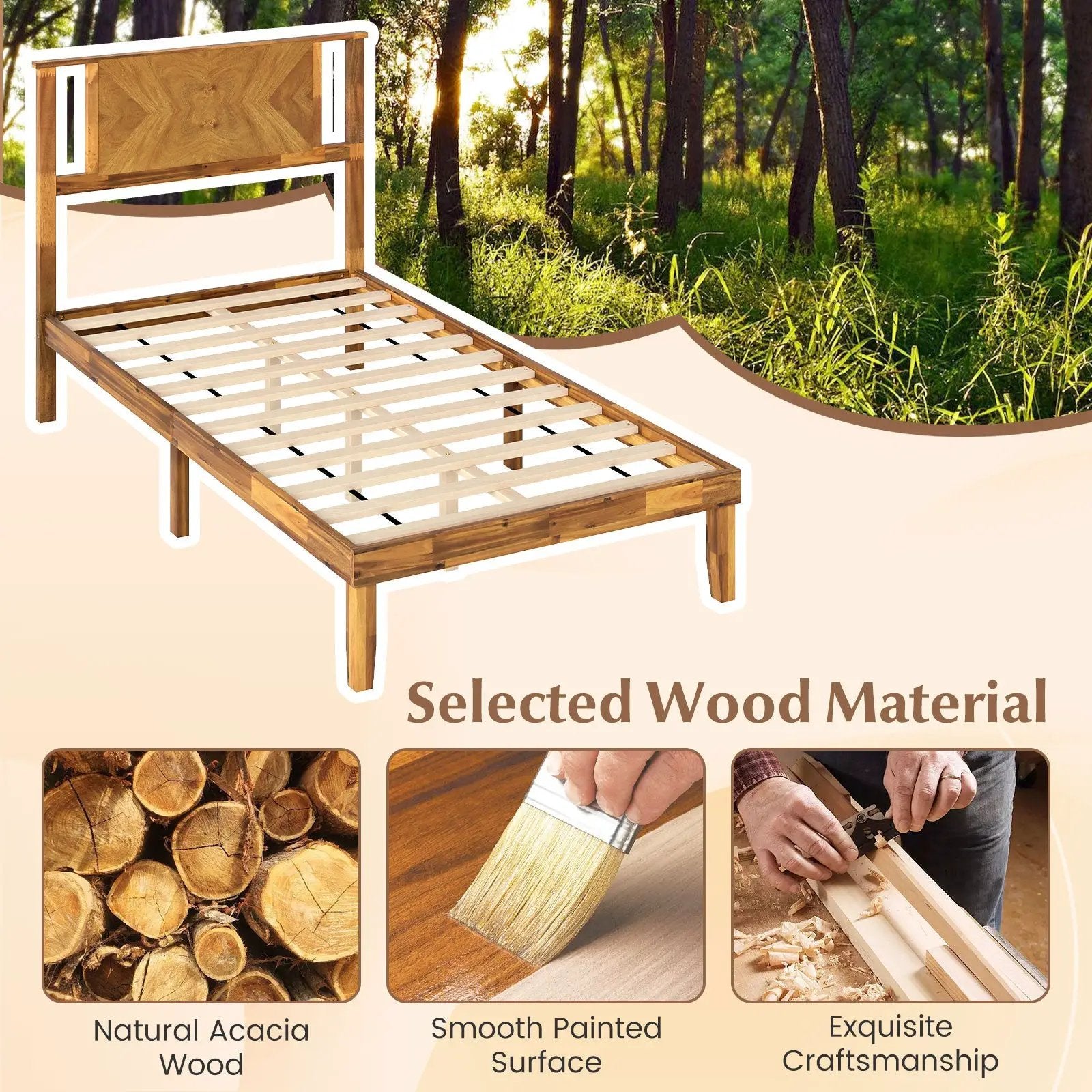 Twin/Full/Queen Size Bed Frame Mid-Century Acacia Wood Platform Bed with Headboard by DirectDeals