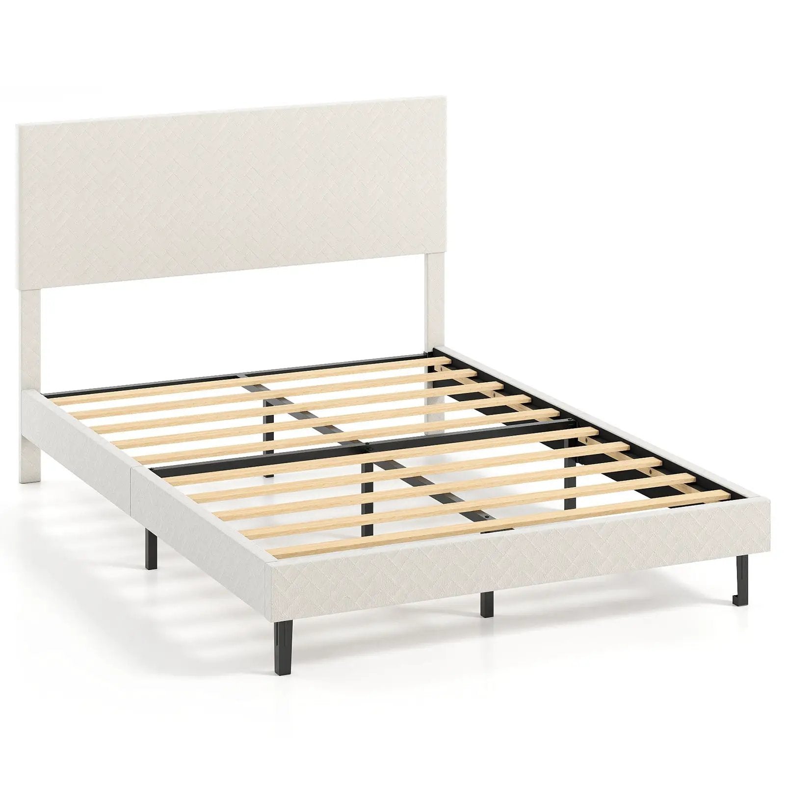 Twin/Full/Queen Size Velvet Bed Frame Upholstered Platform Bed with Chevron Headboard Beige by DirectDeals