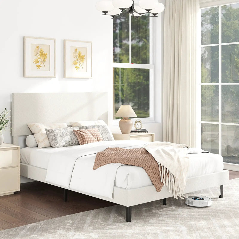Twin/Full/Queen Size Velvet Bed Frame Upholstered Platform Bed with Chevron Headboard Beige by DirectDeals