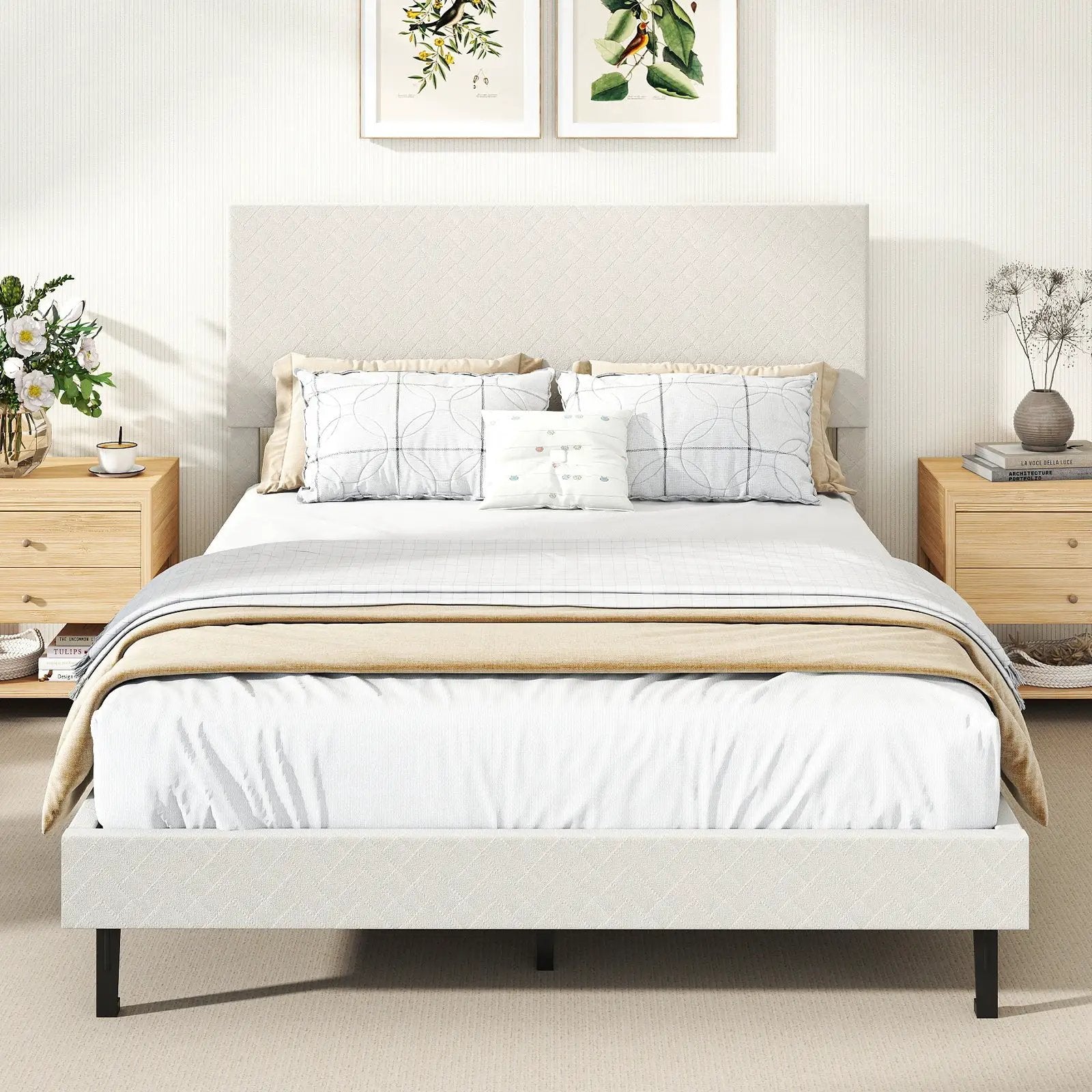 Twin/Full/Queen Size Velvet Bed Frame Upholstered Platform Bed with Chevron Headboard Beige by DirectDeals