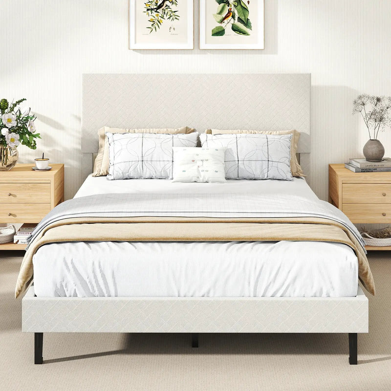 Twin/Full/Queen Size Velvet Bed Frame Upholstered Platform Bed with Chevron Headboard Beige by DirectDeals