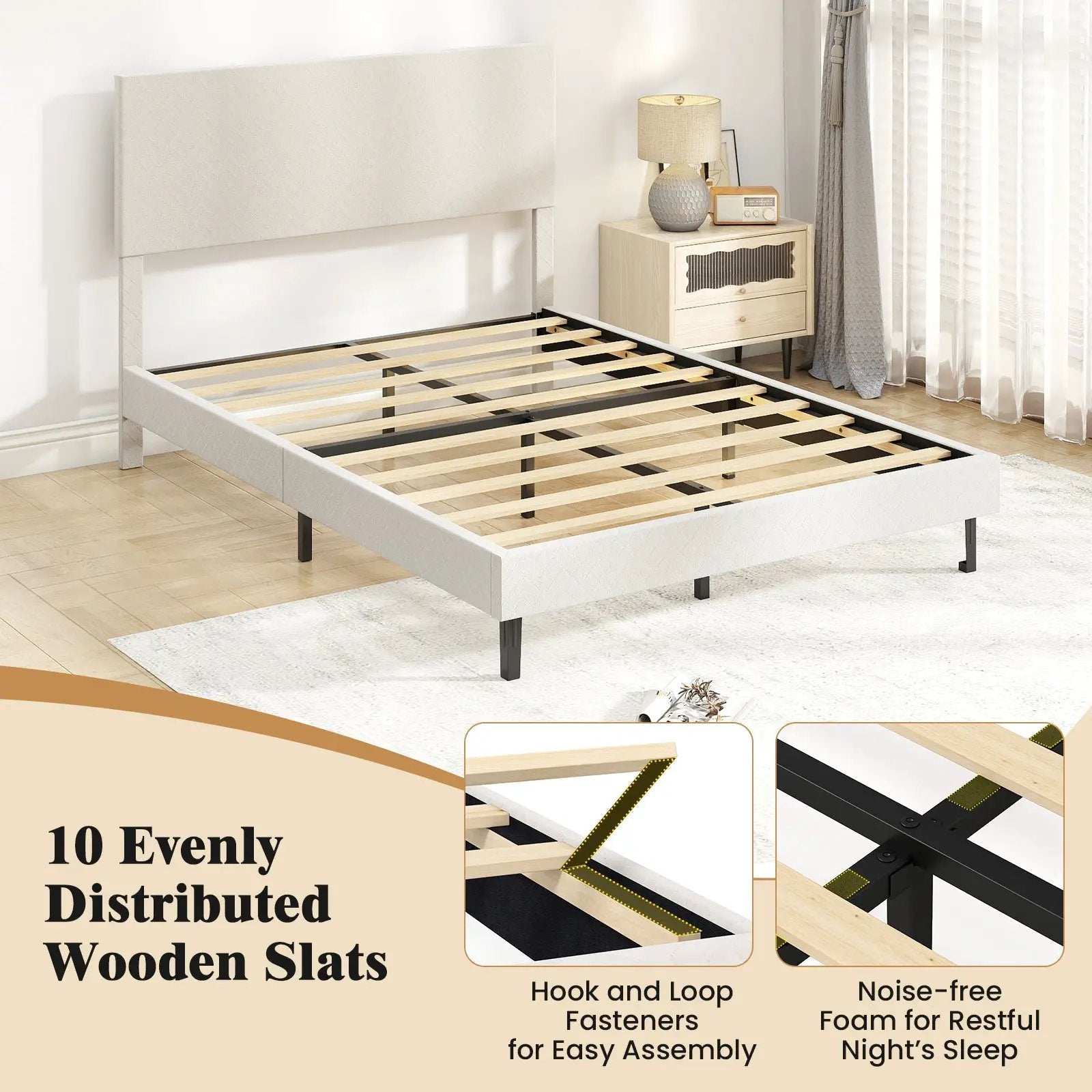 Twin/Full/Queen Size Velvet Bed Frame Upholstered Platform Bed with Chevron Headboard Beige by DirectDeals