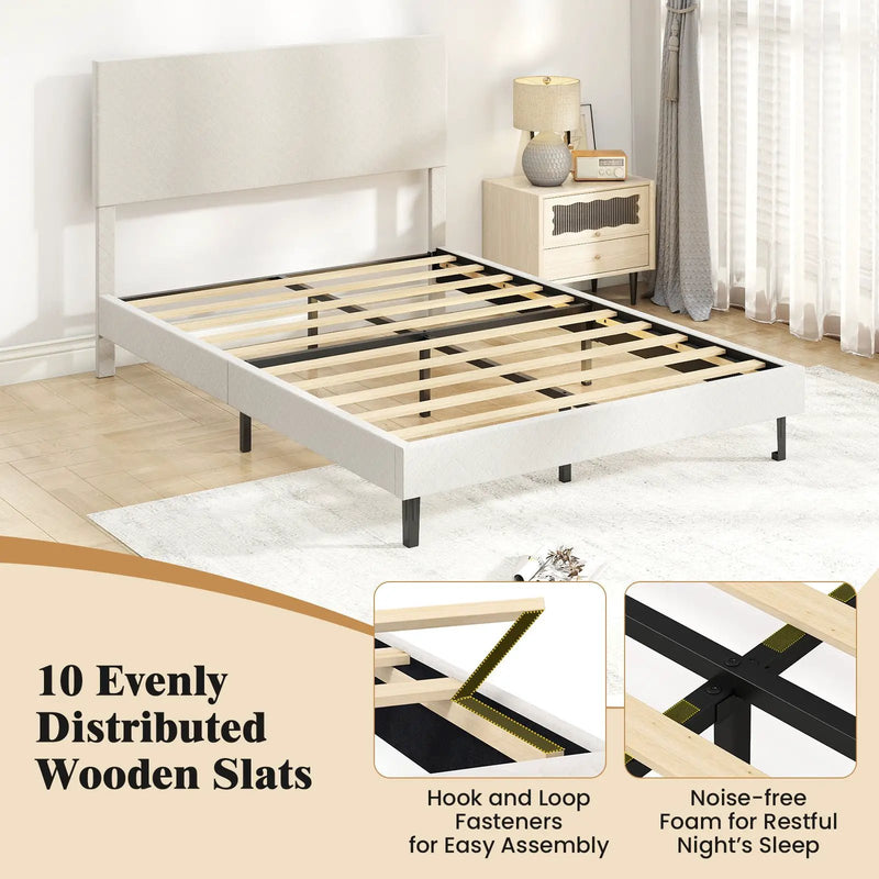 Twin/Full/Queen Size Velvet Bed Frame Upholstered Platform Bed with Chevron Headboard Beige by DirectDeals
