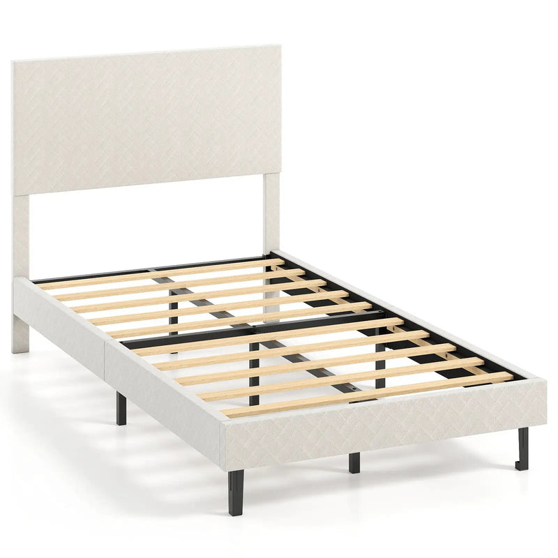 Twin/Full/Queen Size Velvet Bed Frame Upholstered Platform Bed with Chevron Headboard Beige by DirectDeals