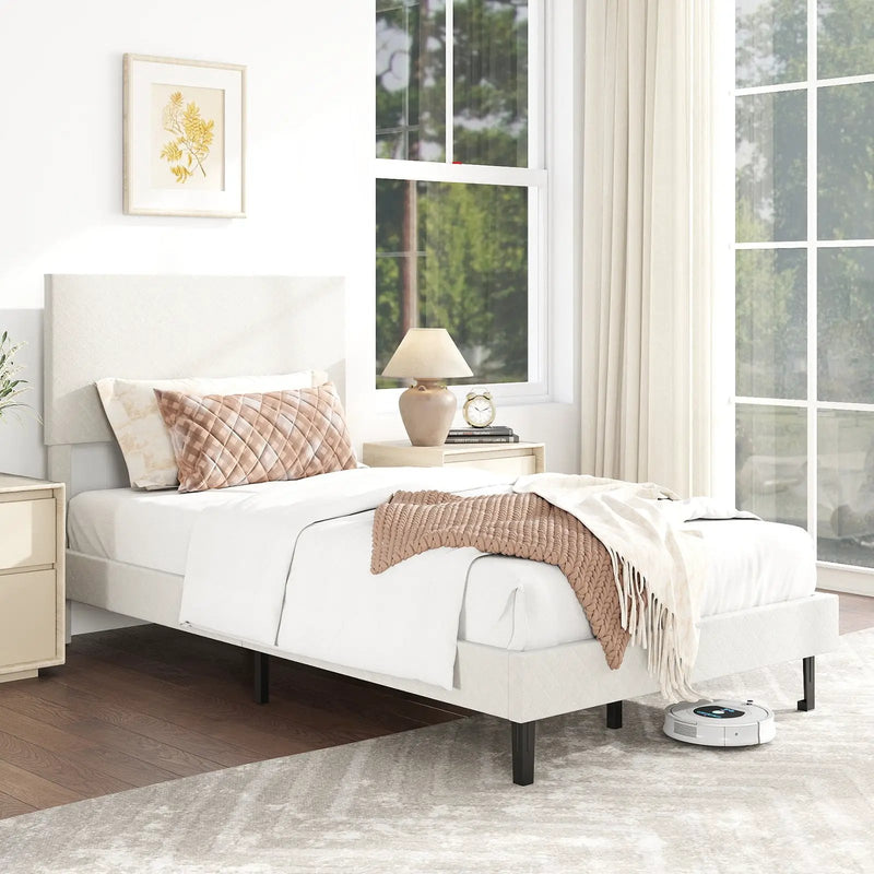 Twin/Full/Queen Size Velvet Bed Frame Upholstered Platform Bed with Chevron Headboard Beige by DirectDeals