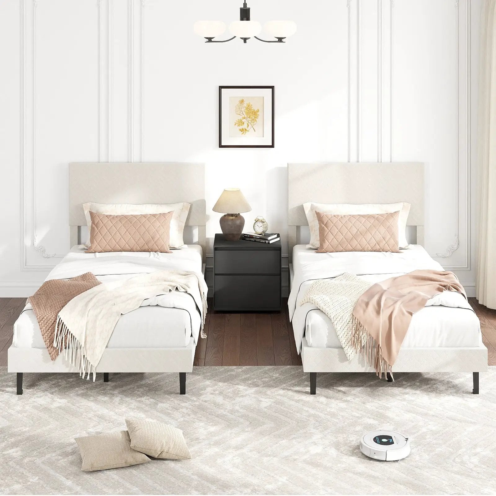 Twin/Full/Queen Size Velvet Bed Frame Upholstered Platform Bed with Chevron Headboard Beige by DirectDeals