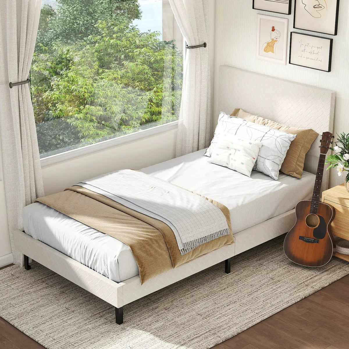 Twin/Full/Queen Size Velvet Bed Frame Upholstered Platform Bed with Chevron Headboard Beige, photo 15 of 24