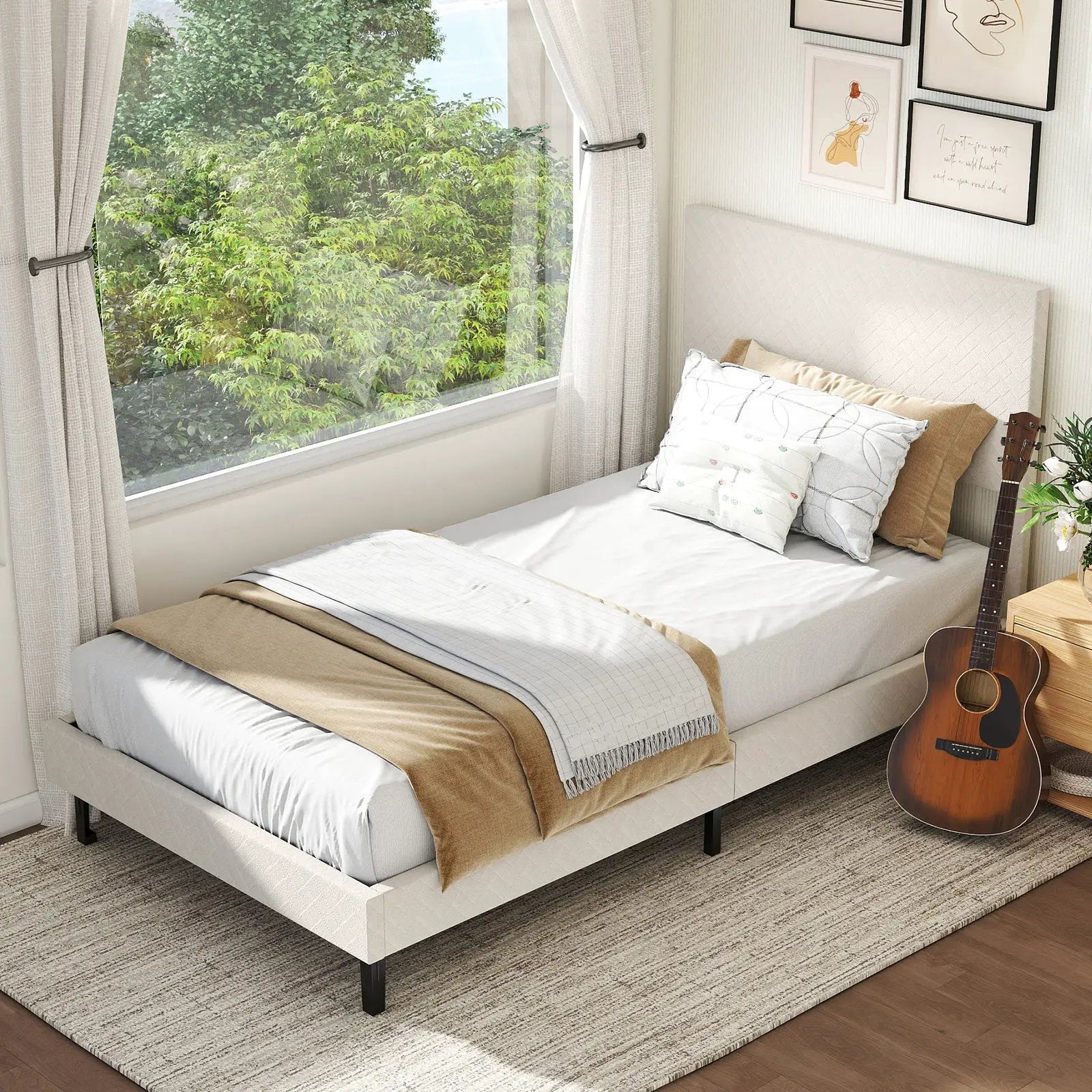 Twin/Full/Queen Size Velvet Bed Frame Upholstered Platform Bed with Chevron Headboard Beige by DirectDeals