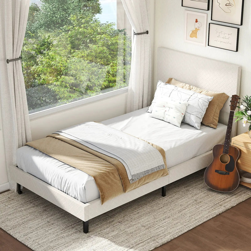 Twin/Full/Queen Size Velvet Bed Frame Upholstered Platform Bed with Chevron Headboard Beige by DirectDeals