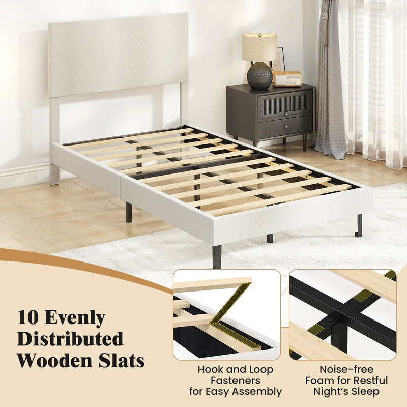 Twin/Full/Queen Size Velvet Bed Frame Upholstered Platform Bed with Chevron Headboard Beige by DirectDeals