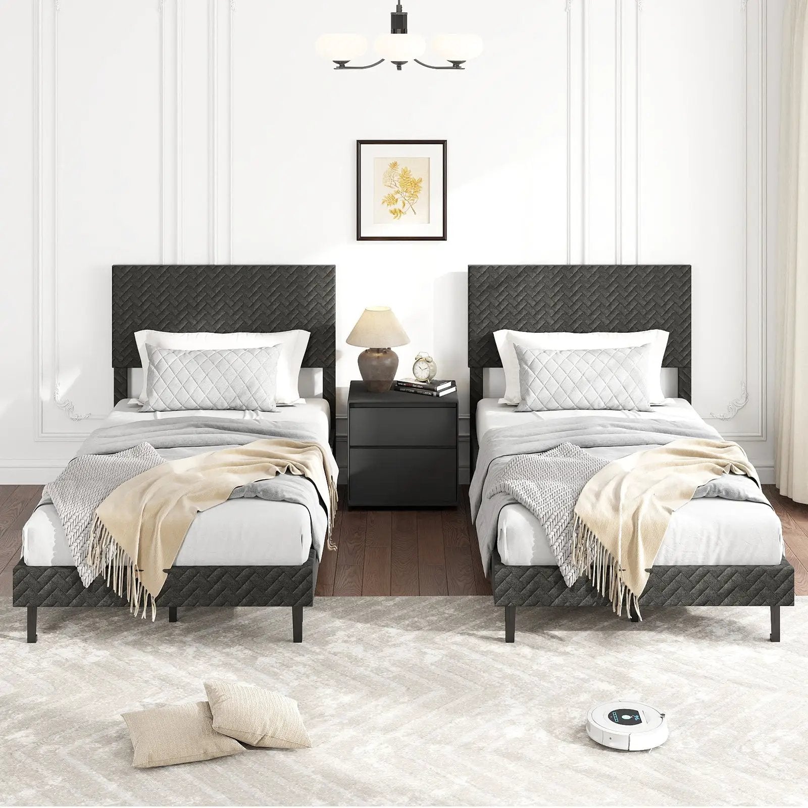 Twin/Full/Queen Size Velvet Bed Frame Upholstered Platform Bed with Chevron Headboard Gray by DirectDeals