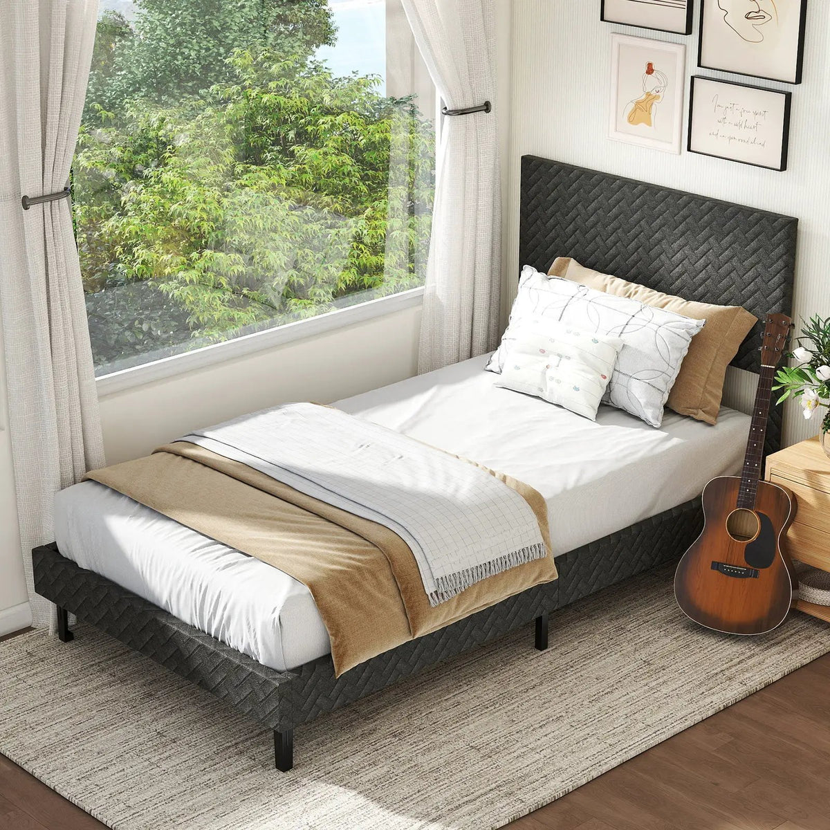 Twin/Full/Queen Size Velvet Bed Frame Upholstered Platform Bed with Chevron Headboard Gray, photo 15 of 24