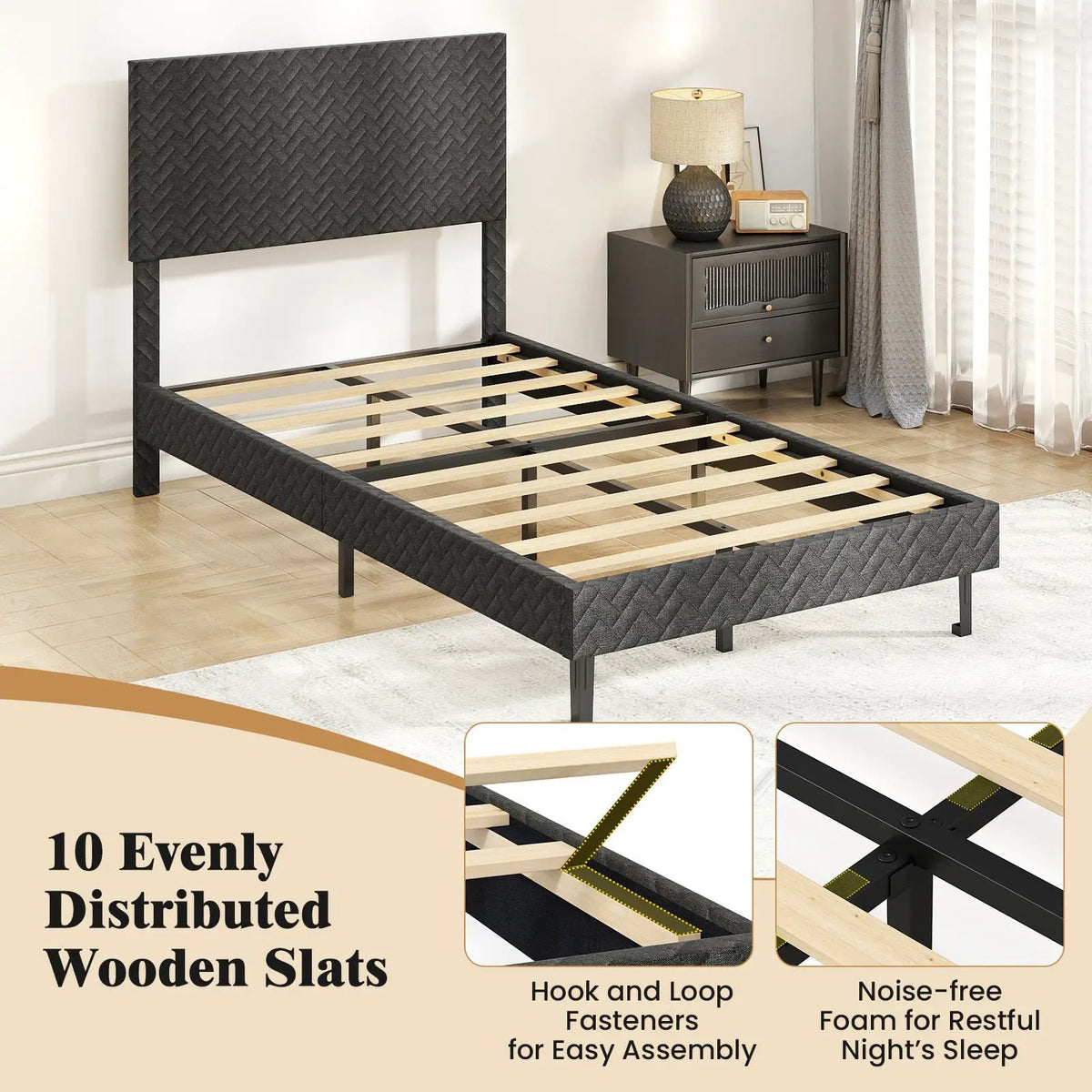 Twin/Full/Queen Size Velvet Bed Frame Upholstered Platform Bed with Chevron Headboard Gray, photo 17 of 24