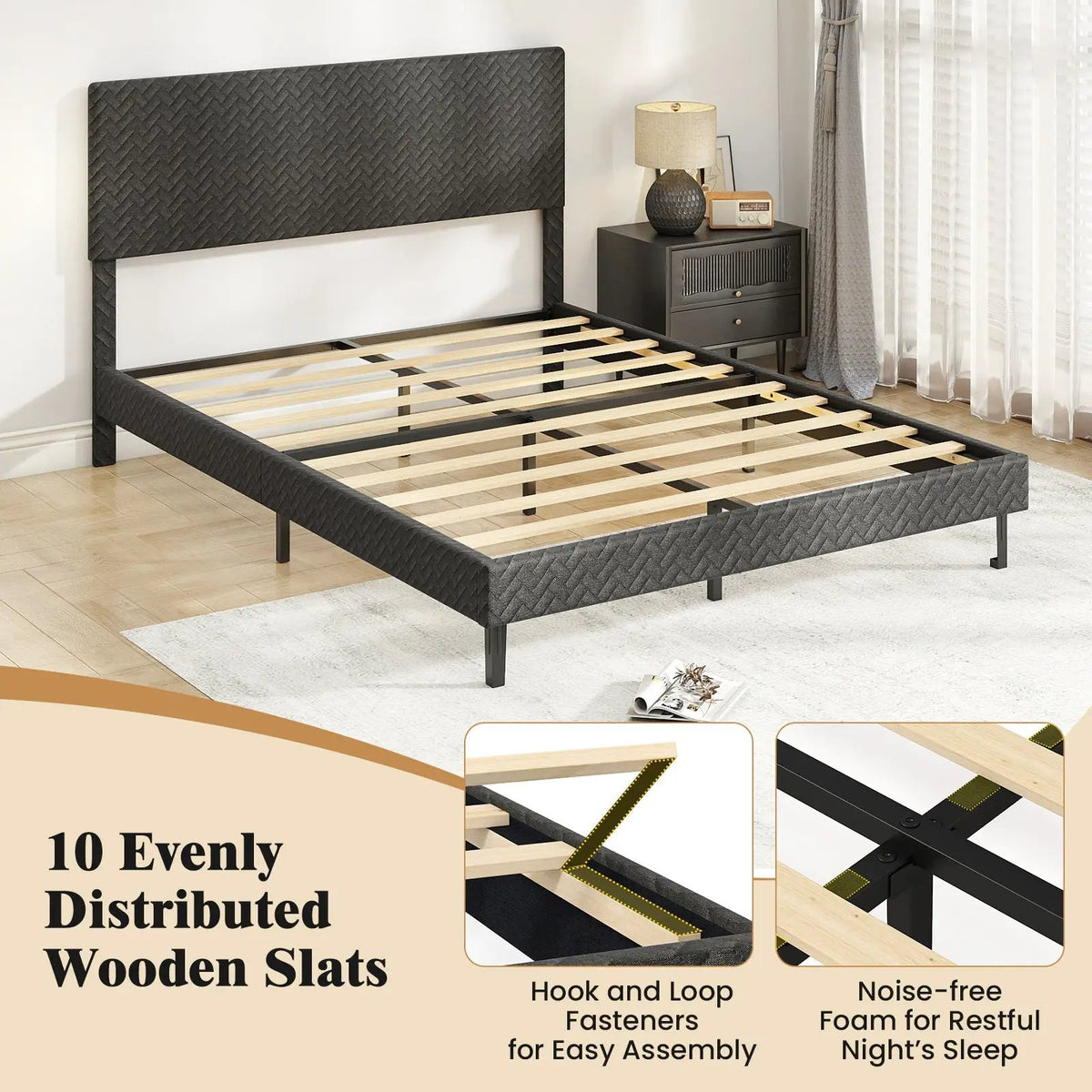 Twin/Full/Queen Size Velvet Bed Frame Upholstered Platform Bed with Chevron Headboard Gray, photo 18 of 24