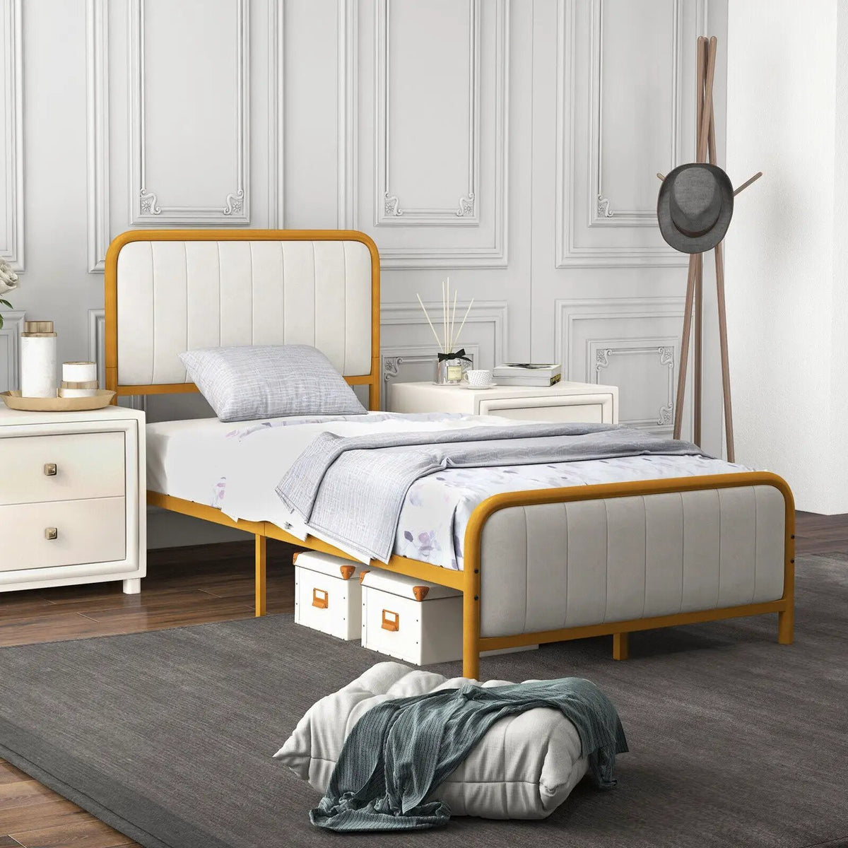 Upholstered Gold Platform Bed Frame with Velvet Headboard, photo 4 of 32