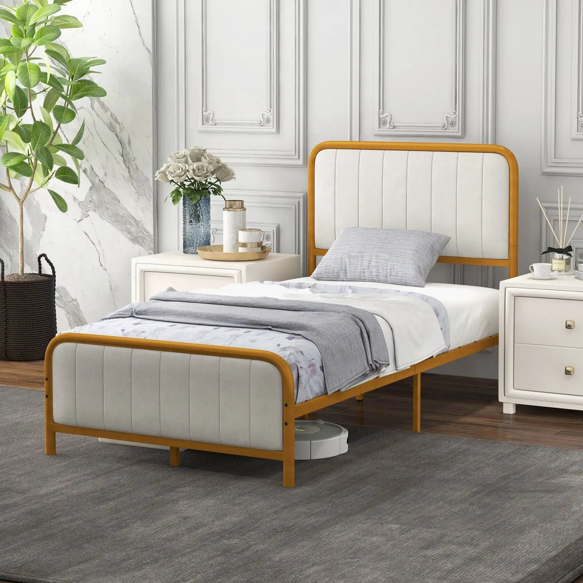 Upholstered Gold Platform Bed Frame with Velvet Headboard, photo 8 of 32