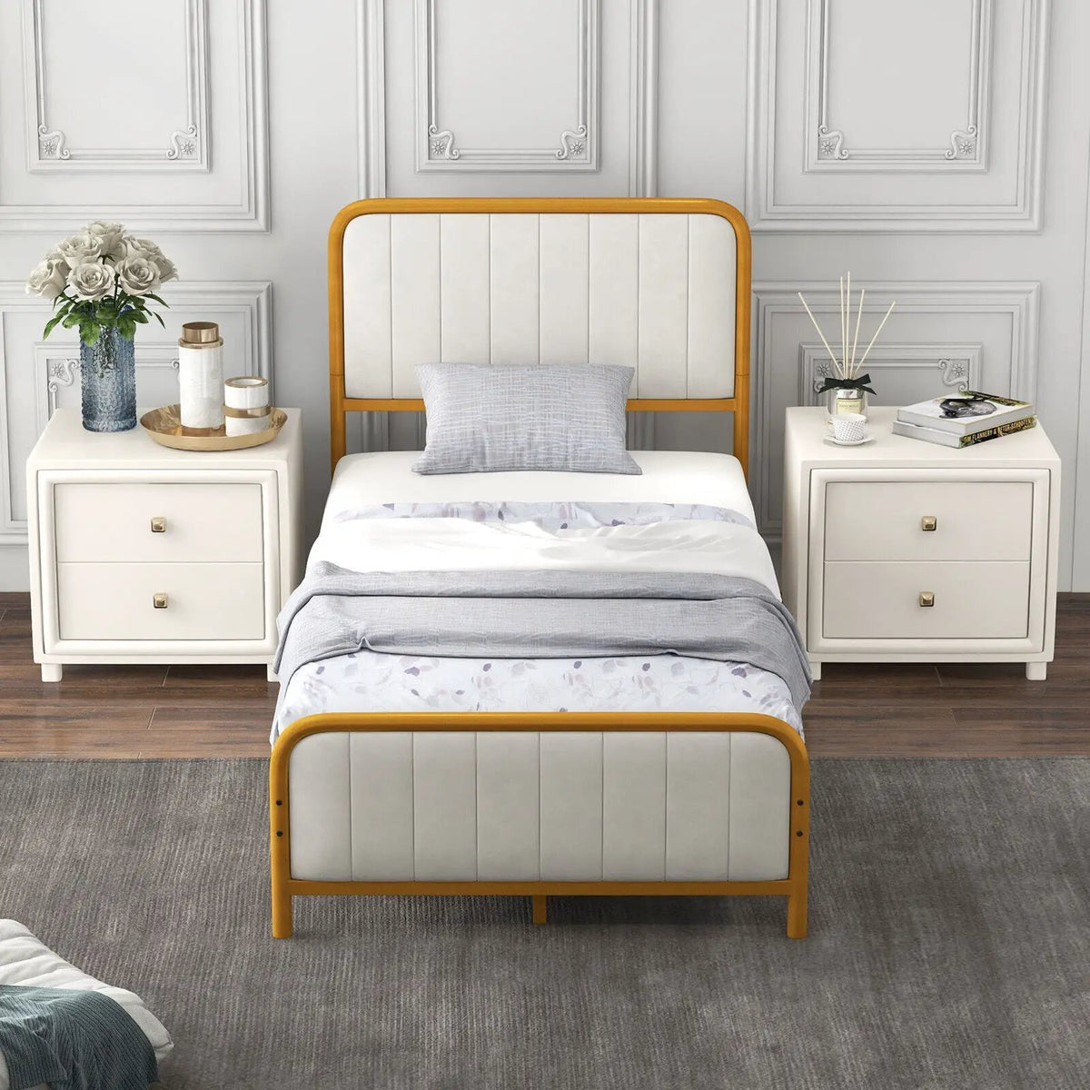Upholstered Gold Platform Bed Frame with Velvet Headboard, photo 31 of 32