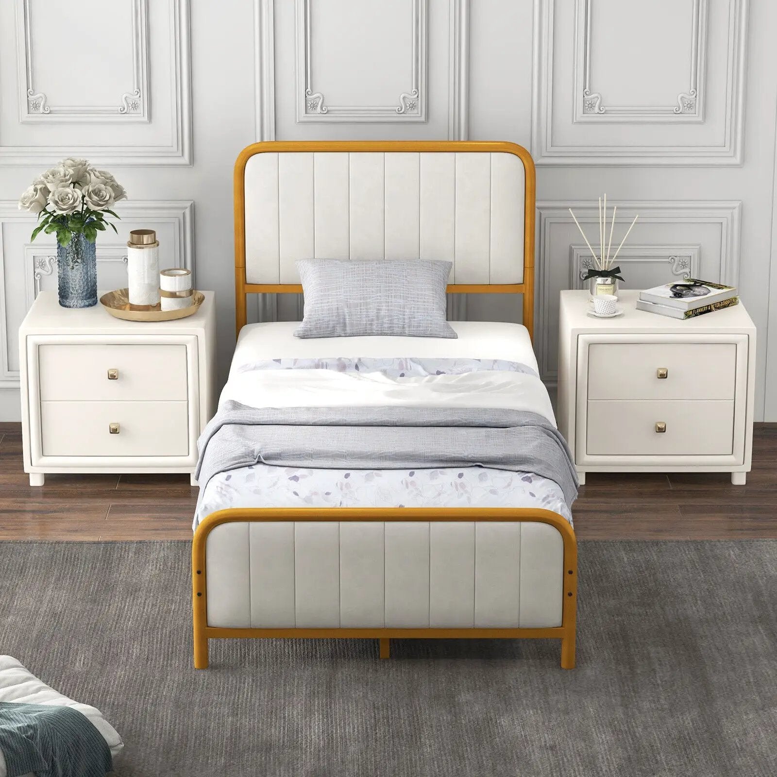 Upholstered Gold Platform Bed Frame with Velvet Headboard by DirectDeals
