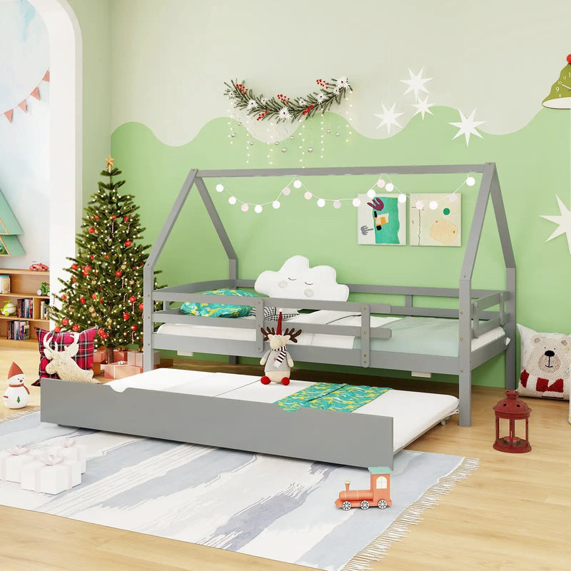 Twin House Bed with Trundle and Fence Rail by DirectDeals