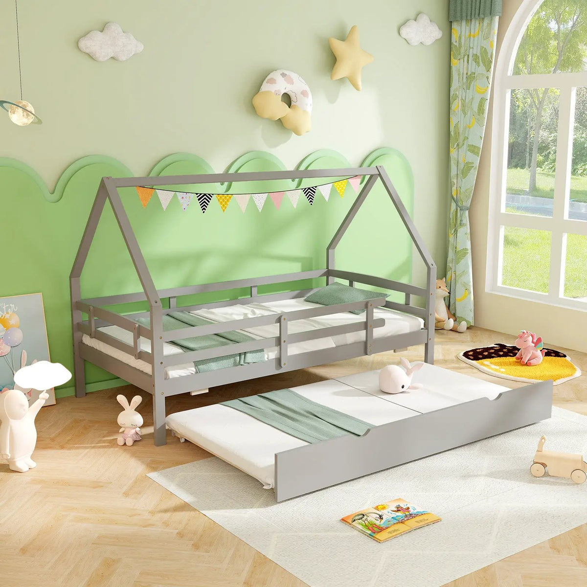 Twin House Bed with Trundle and Fence Rail, photo 2 of 9