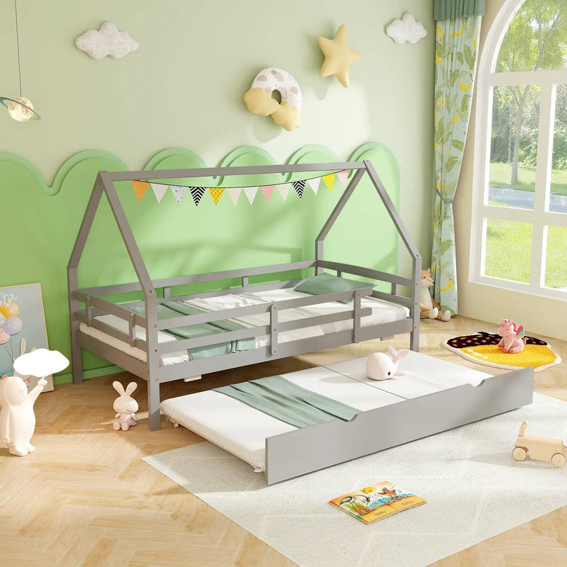 Twin House Bed with Trundle and Fence Rail by DirectDeals