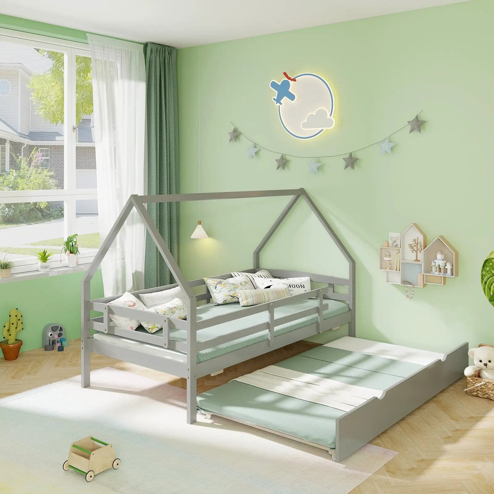 Twin House Bed with Trundle and Fence Rail by DirectDeals