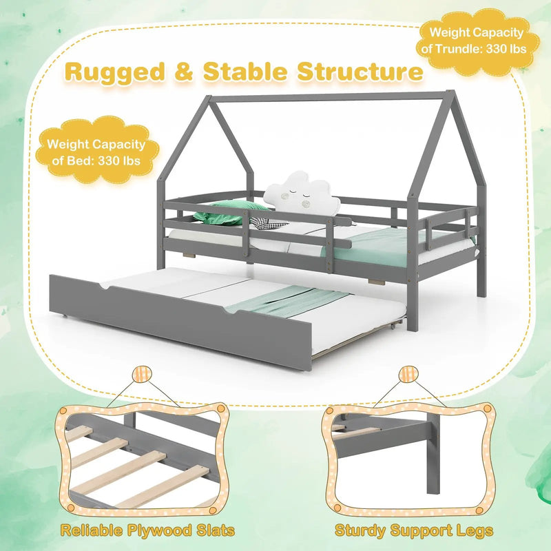 Twin House Bed with Trundle and Fence Rail by DirectDeals