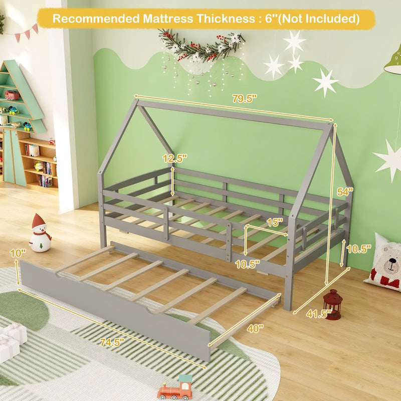 Twin House Bed with Trundle and Fence Rail by DirectDeals