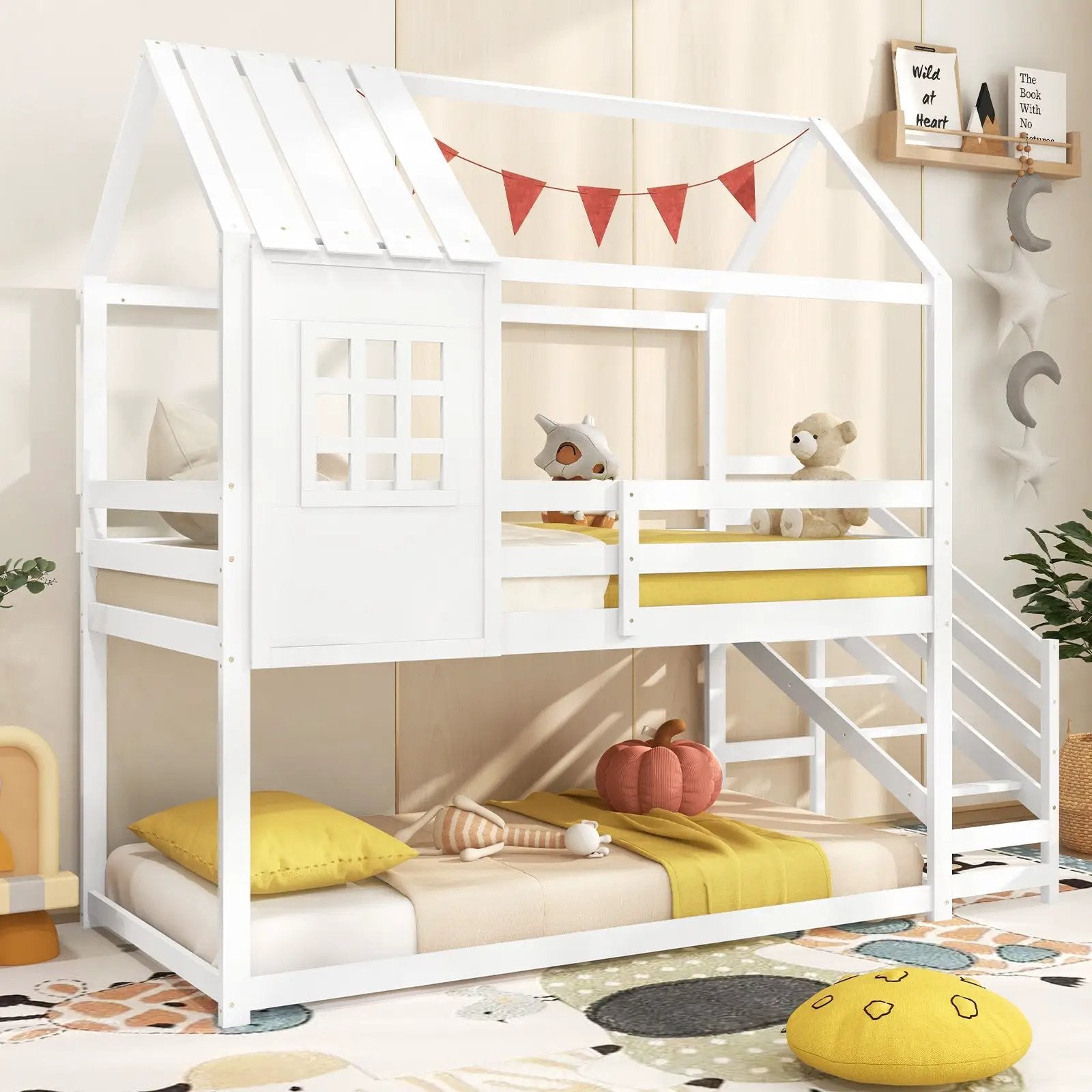Twin House Bed with Stairs and Roof for Kids-White by DirectDeals
