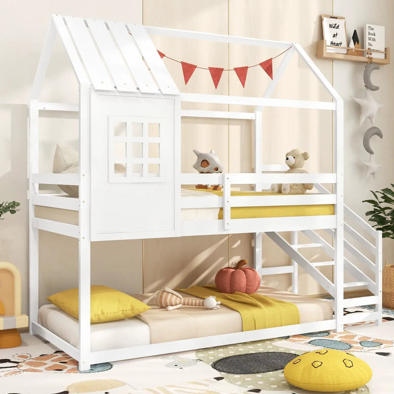 Twin House Bed with Stairs and Roof for Kids-White by DirectDeals